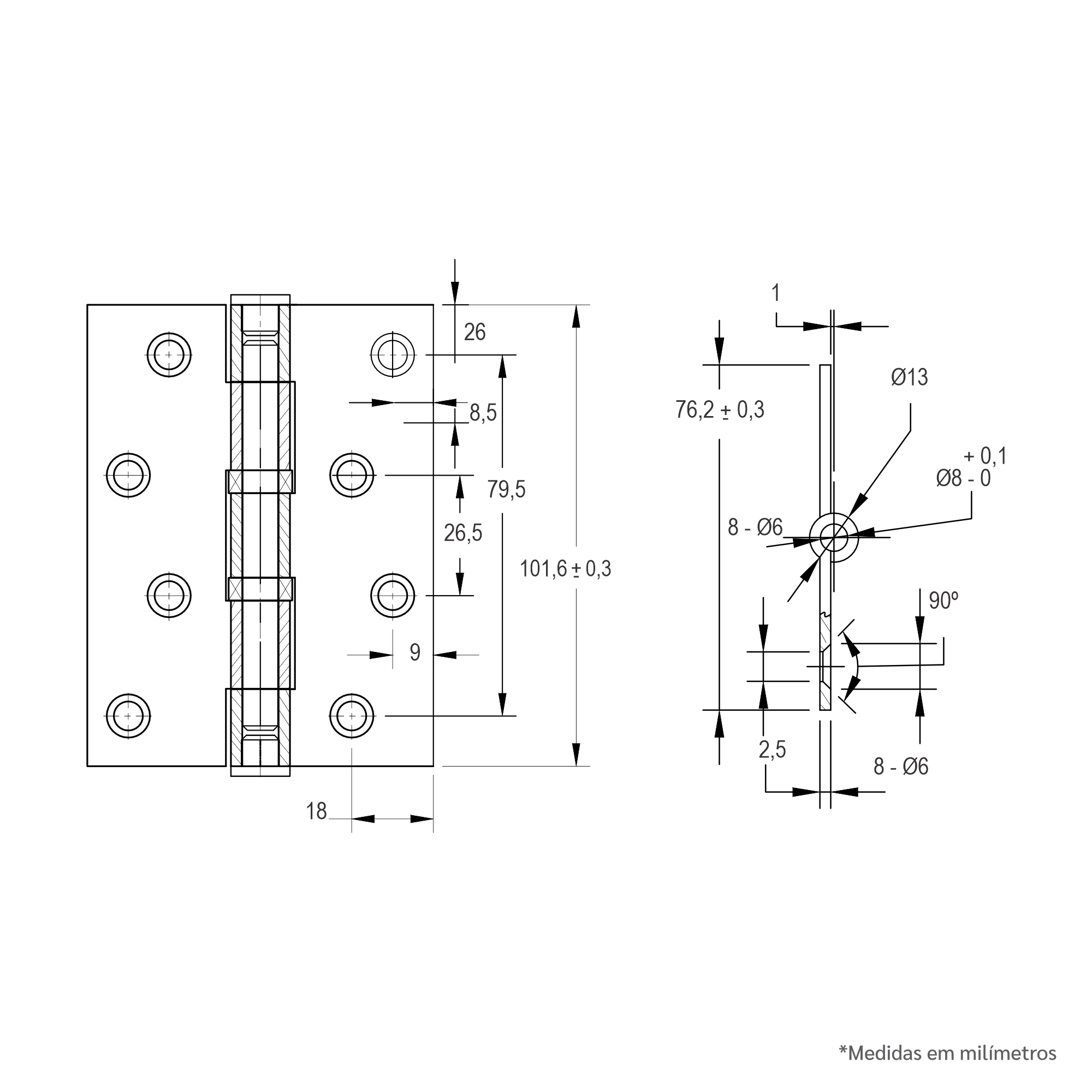 Desenho Técnico - Dobradiça de Embutir 4 x 3 Com Rolamento